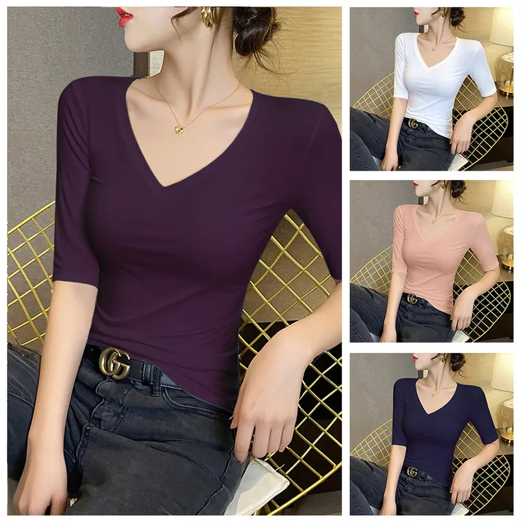 V领中袖t恤女修身百搭上衣秋季2025新款五分袖洋气内搭打底衫6870