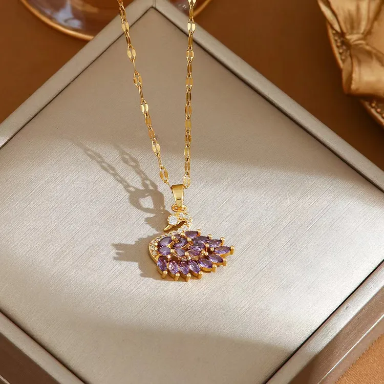 跨境钛钢满锆天鹅吊坠项链女ins网红同款简约时尚气质百搭锁骨链