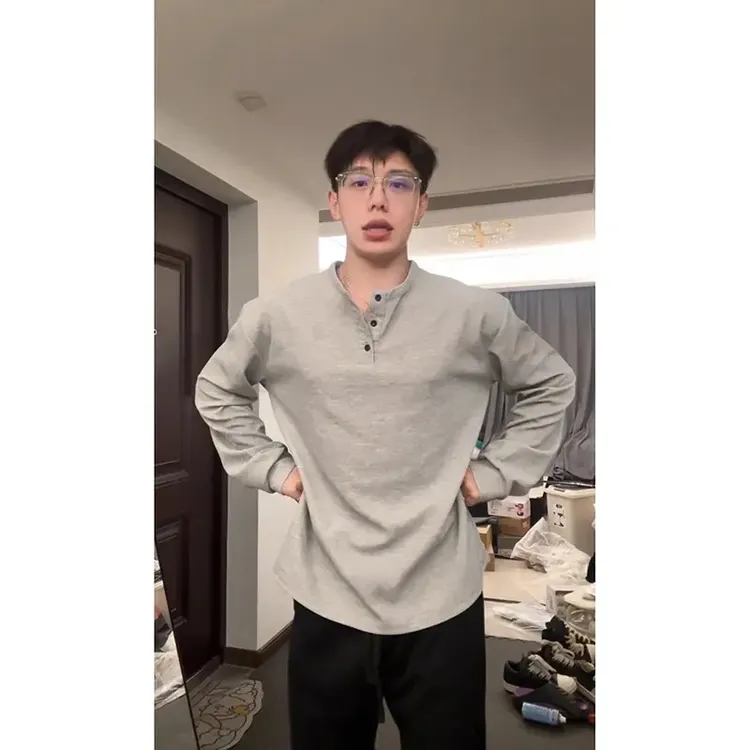 斌子同款亨利领长袖T恤男春秋美式复古百搭卫衣polo领内搭打底衫