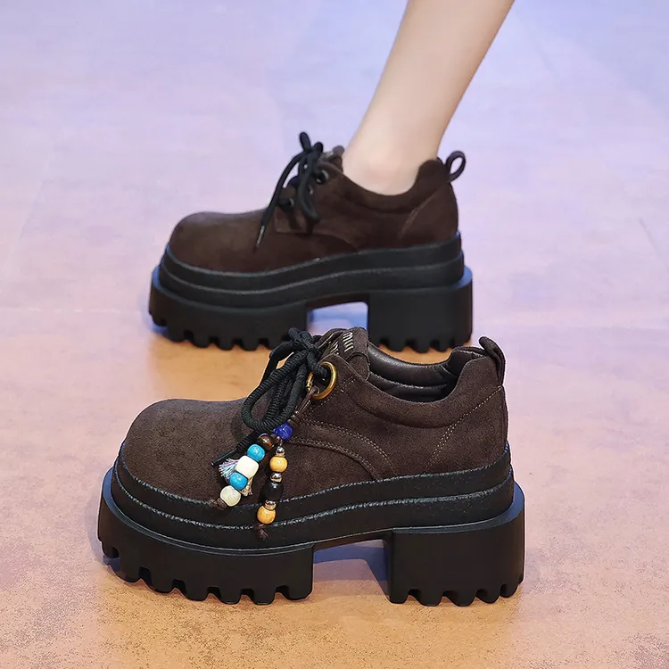 复古小皮鞋女2025新款爆款百搭春秋厚底增高系带单鞋高跟乐福鞋女