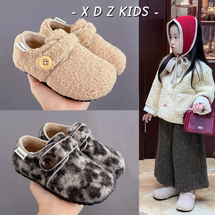 女童韩范经典毛毛鞋2025冬款魔术贴儿童羊羔毛勃肯鞋男童豆豆棉鞋