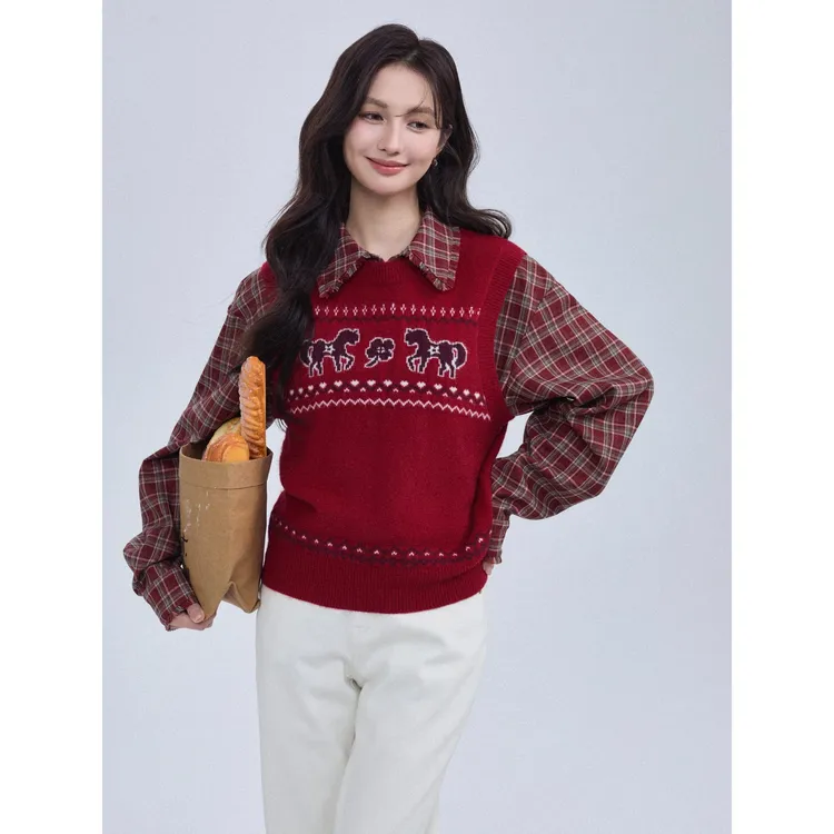 【小马撞色马甲】茵曼冬季童趣小马条纹针织马甲时尚百搭叠穿毛衣