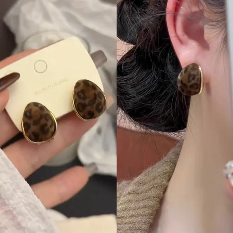 铜合金耳饰 【豹纹耳扣】秋冬复古美拉德水滴豹纹植绒耳扣耳饰 S74