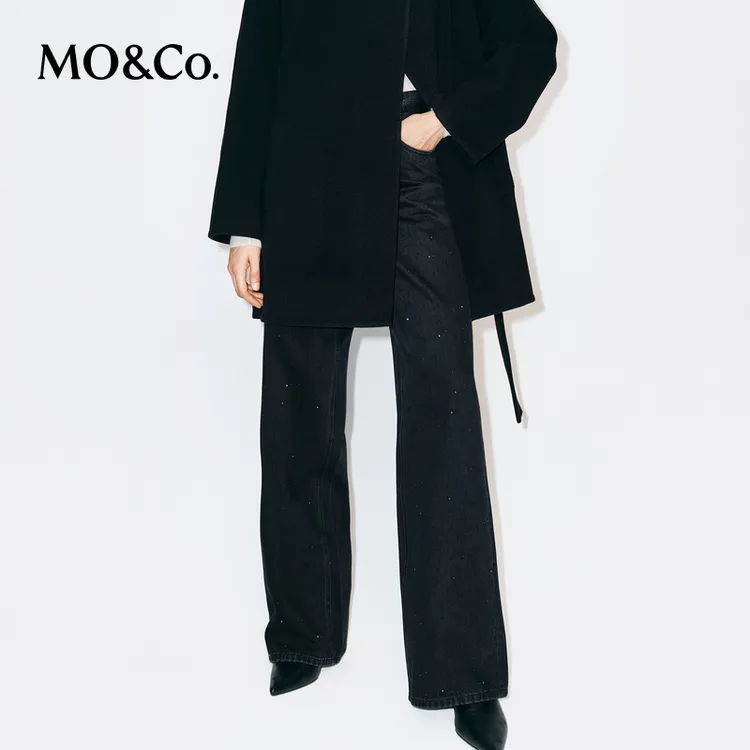 MOCO牛仔裤2025冬新品摇滚烫钻棉质中腰宽直筒裤阔腿裤MBE4JEN014
