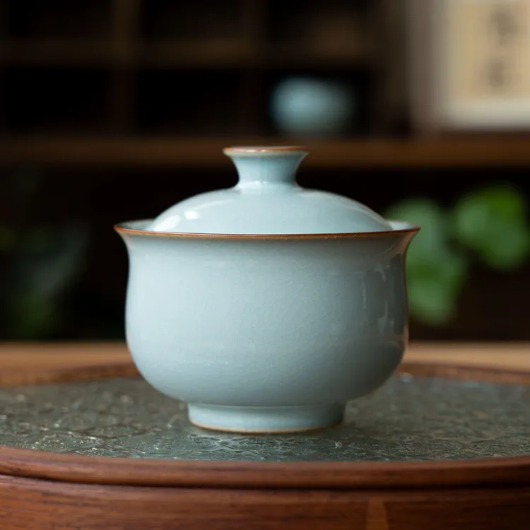 简匠汝窑当代天青开片可养盖碗非遗汝瓷两才盖碗150cc