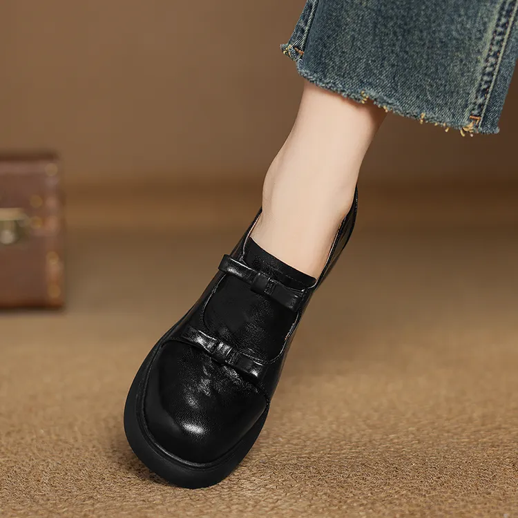 小个子增高8cm~蝴蝶结厚底粗跟单鞋女真皮防水台高跟鞋深口小皮鞋