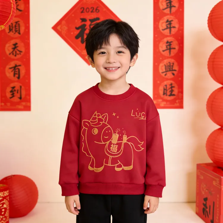 【马到福来】2026新款儿童拜年服红色卫衣男女童加绒加厚洋气打底