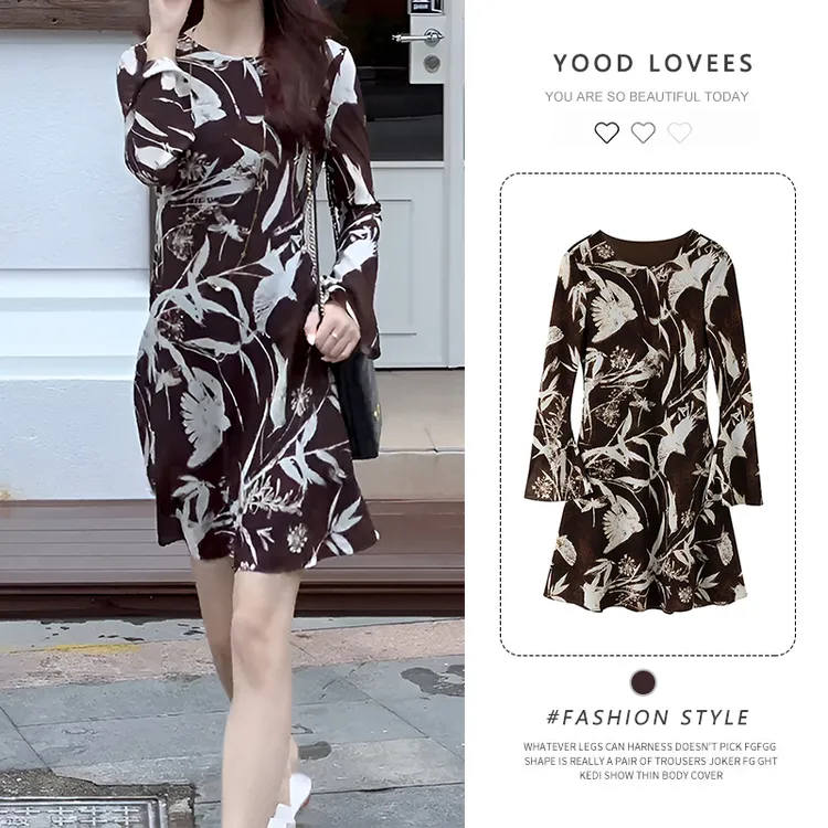 法式复古气质印花收腰a字连衣裙女春秋新款高端轻奢显瘦长袖短裙