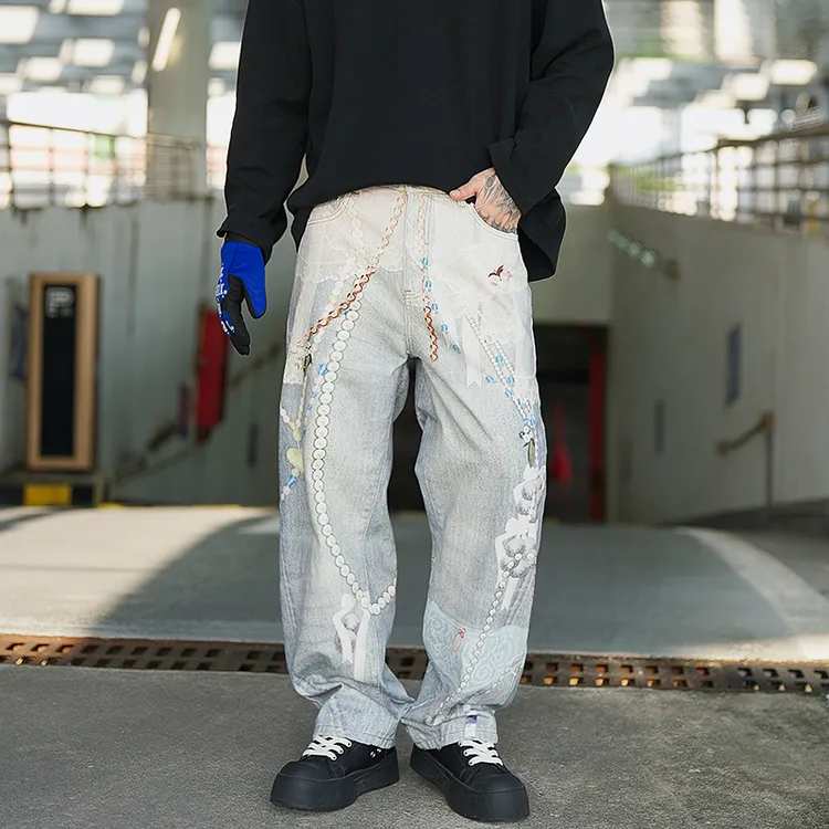 美式高街蕾丝印花宽松直筒牛仔裤男女同款2025秋季新款涂鸦牛仔裤