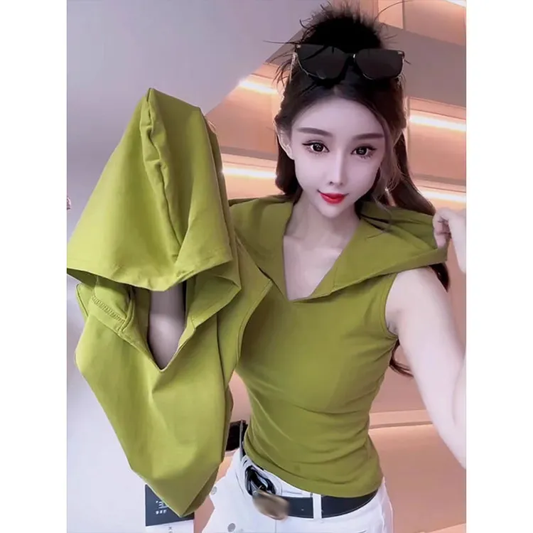 2025夏季新款时尚设计感打底衫修身纯欲V领连帽无袖背心T恤女上衣