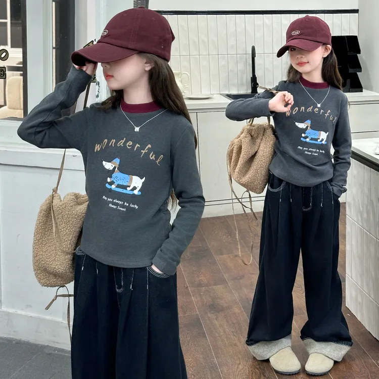 女童秋冬加绒长袖2025新款洋气百搭儿童打底衫中大童保暖德绒上衣