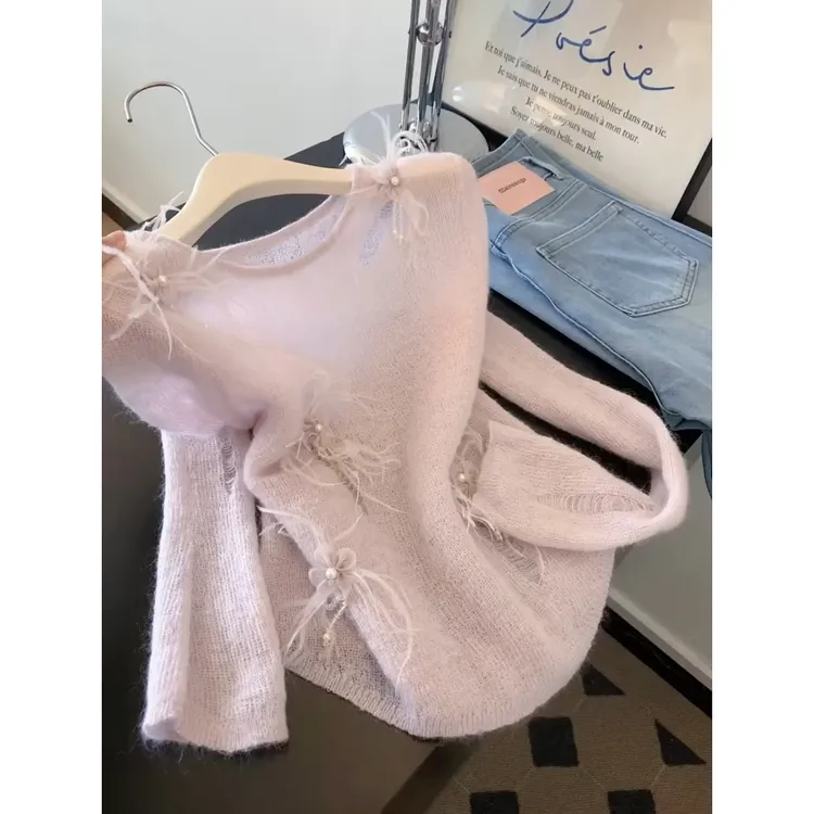 粉紫色破洞镂空针织衫女秋季重工钉珠花朵长袖打底衫辣妹别致上衣