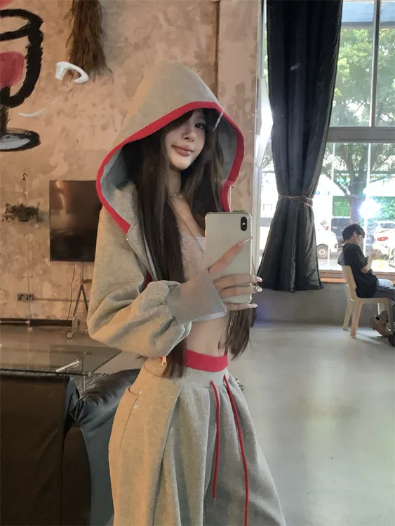 辣妹风设计感灰色长袖卫衣女慵懒风气质休闲百搭显瘦长裤两件套