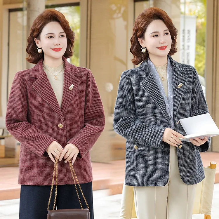 妈妈秋装时尚格子毛呢外套50多岁中老年女装春秋新款西装呢子上衣