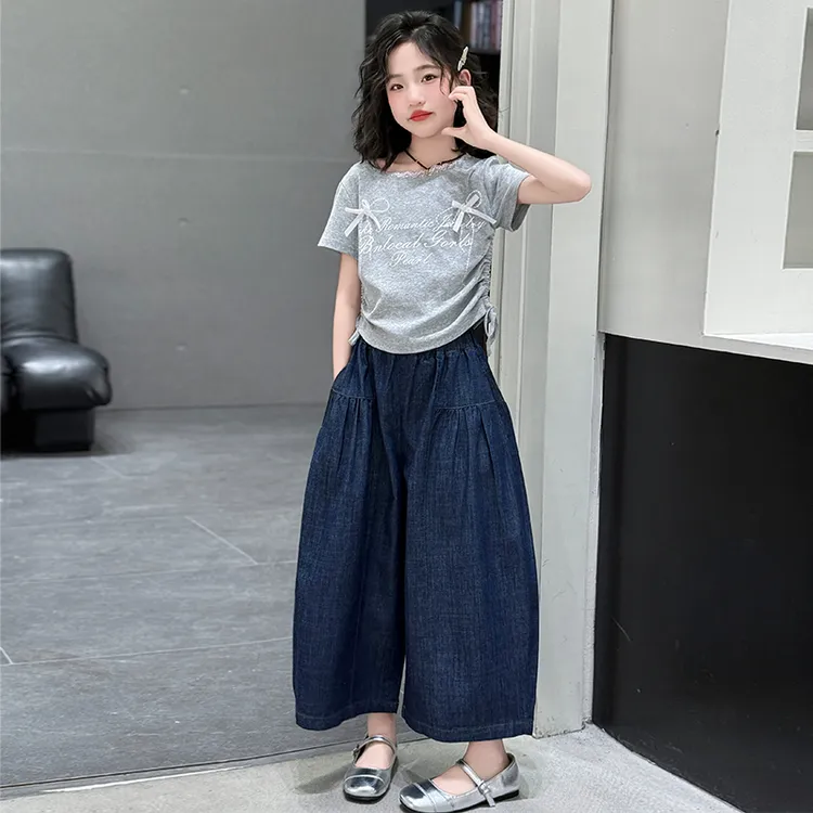 女童短袖套装夏装2025新款中大童洋气韩版T恤牛仔阔腿裤两件套薄