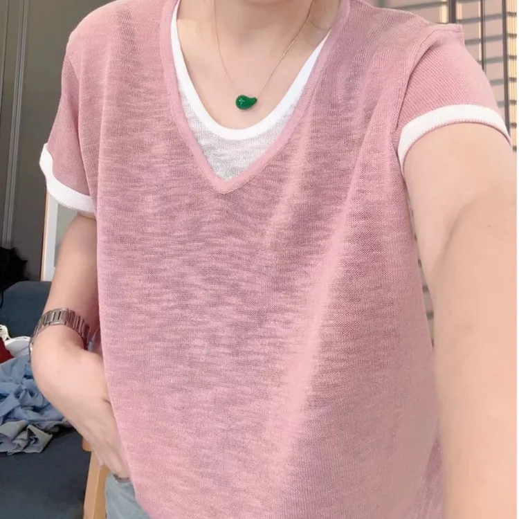 816夏季休闲轻薄假两件套头针织T恤上衣