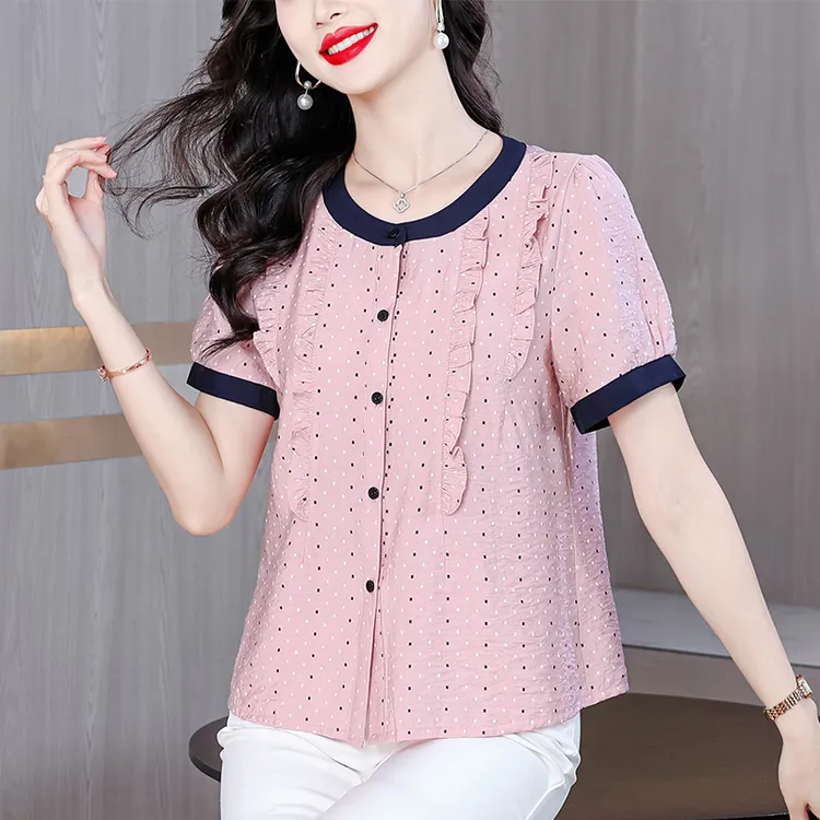 洋气减龄波点短袖衬衣女士2025夏季新款圆领拼接小衫宽松别致上衣