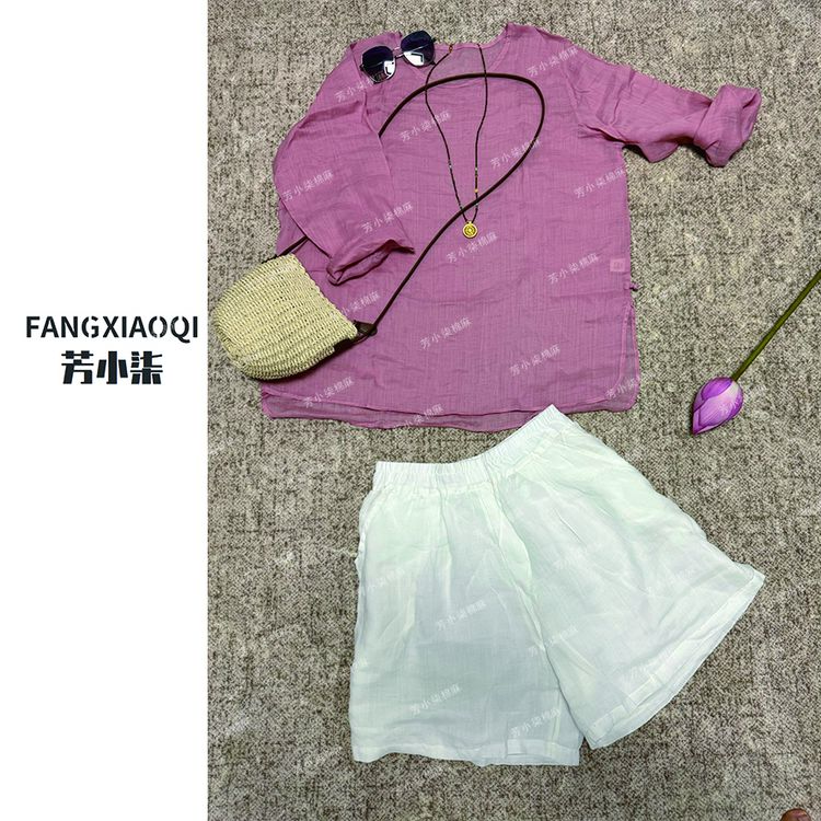 夏季文艺休闲苎麻防晒纯色圆领休闲上衣