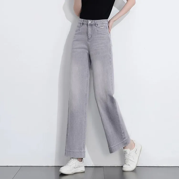 高端天丝陨石灰牛仔裤夏季时尚洋气九分裤高腰宽松显瘦直筒阔腿裤