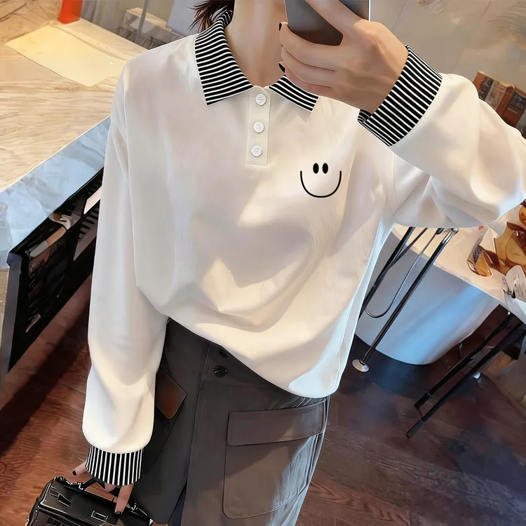 秋款长袖女士休闲t恤法式条纹POLO领上衣独特漂亮小衫白色打底衫