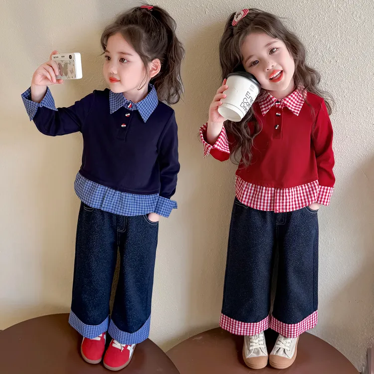 女童套装洋气撞色格子儿童休闲两件套小女孩宝宝春秋装2025新款潮