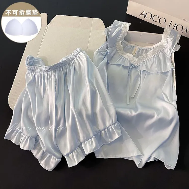 GPSUNLU蓝色冰雪丝睡衣女款夏季带胸垫蕾丝边高级感夏天家居服