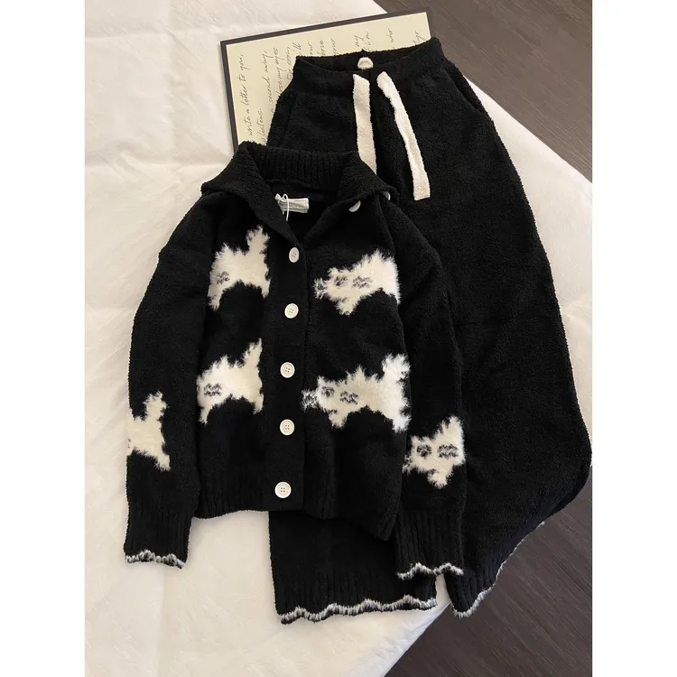 韩系黑白撞色卡通半边绒睡衣女冬季款可外穿家居服套装长袖长裤