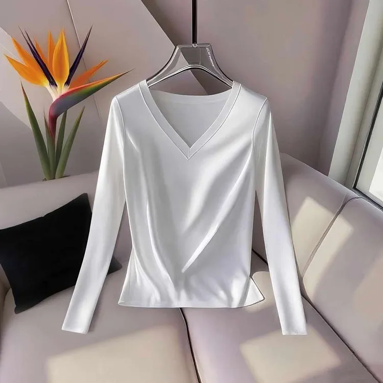 内搭打底衫女装老钱风极简松弛感贵气白色V领长袖t恤液氨丝光棉
