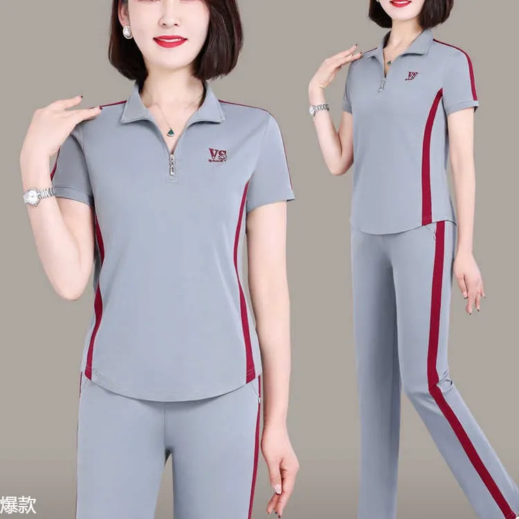 妈妈夏装短袖恤翻领中老年运动服套装女夏季2025新款休闲两件套