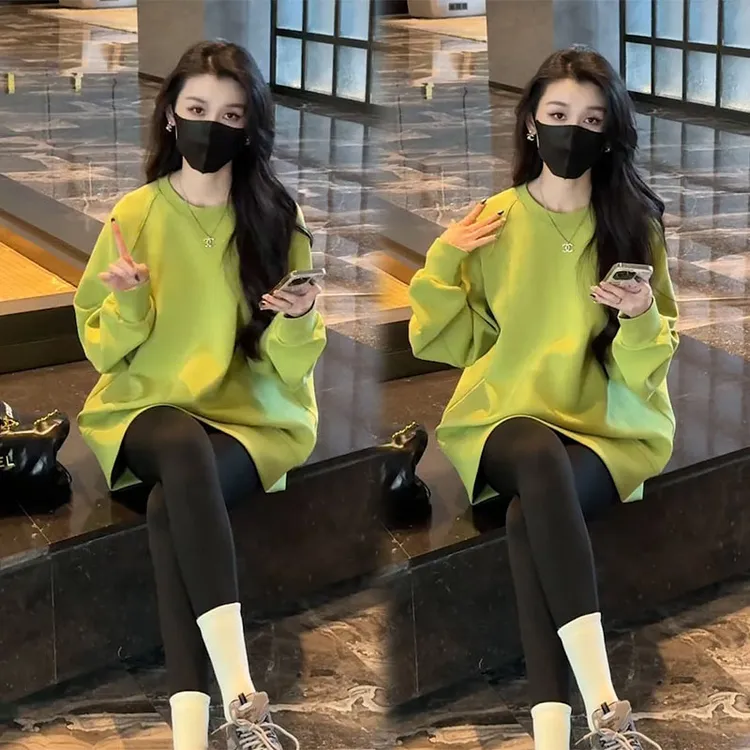 韩版圆领长袖中长款卫衣女春季新款时尚洋气百搭宽松显瘦上衣外套