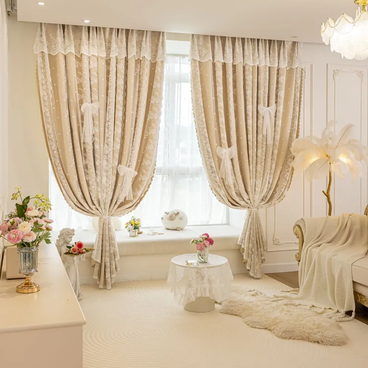 2025年新款窗帘法式双层布纱一体奶油风高遮光卧室蕾丝成品