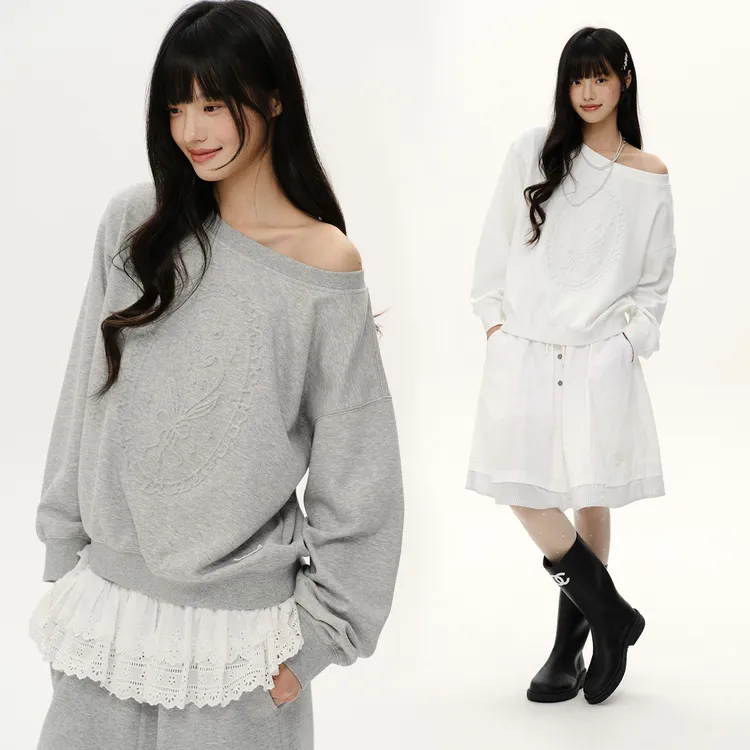 PSO Brand 【一字肩/斜肩领】女装浮雕花束立体压花时尚卫衣TKW004