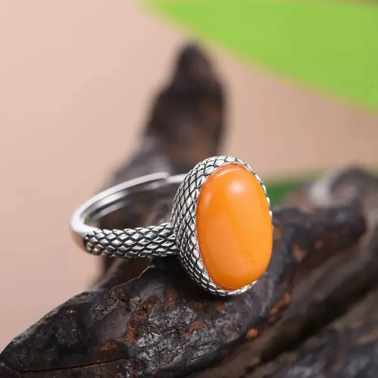 S925银蜜蜡戒指开口女士气质百搭指环