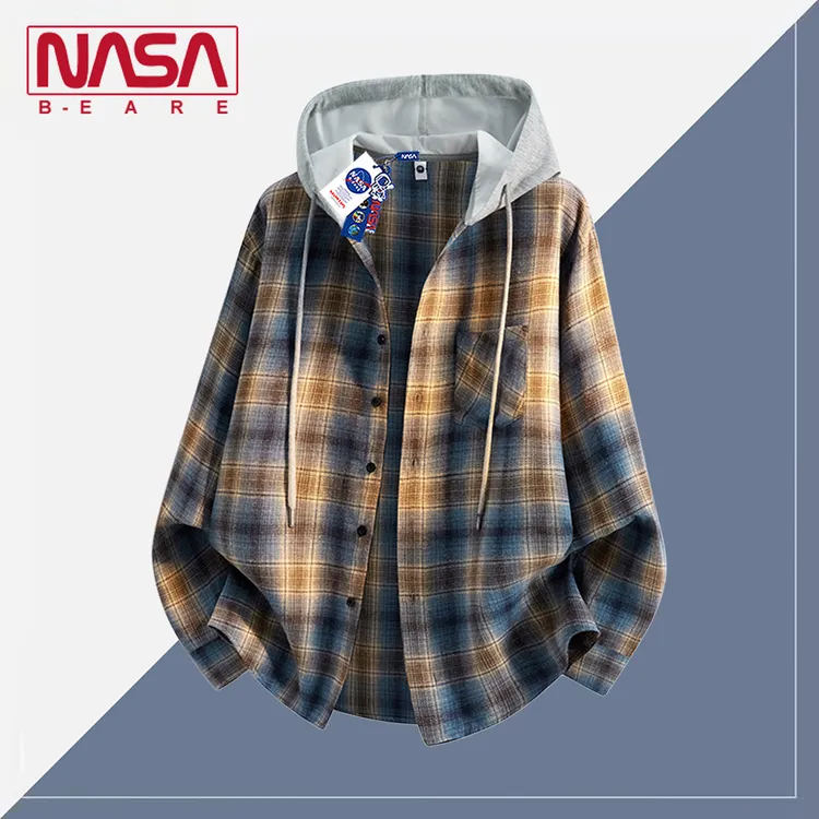 NASA联名美式复古潮流格纹连帽衬衫男秋季宽松休闲百搭假两件外套