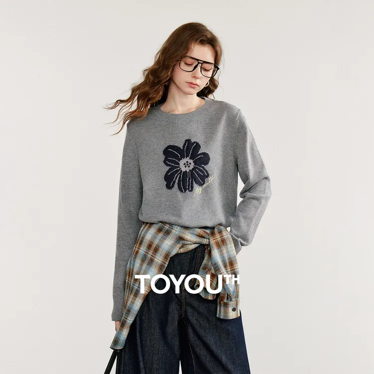 初语针织衫女25秋新花朵提花乡野田园风收腰软糯上衣8533049