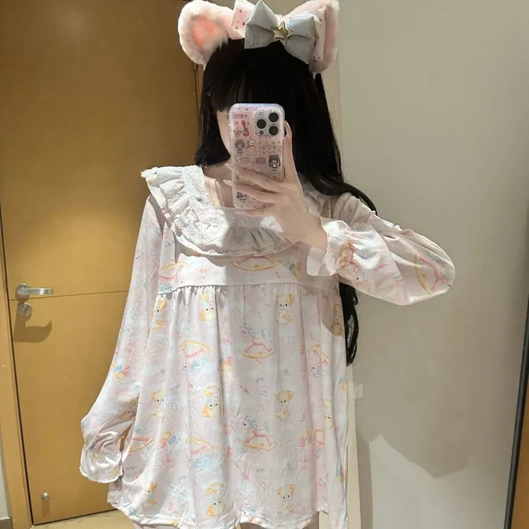 甜美可爱小熊花边方领长袖长裤秋季少女睡衣家居服