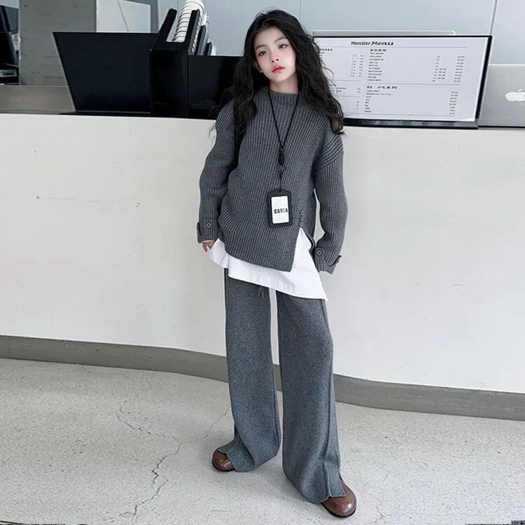 品牌折扣女童冬款毛衣套装2024新款韩版中大童深灰色韩系针织上衣