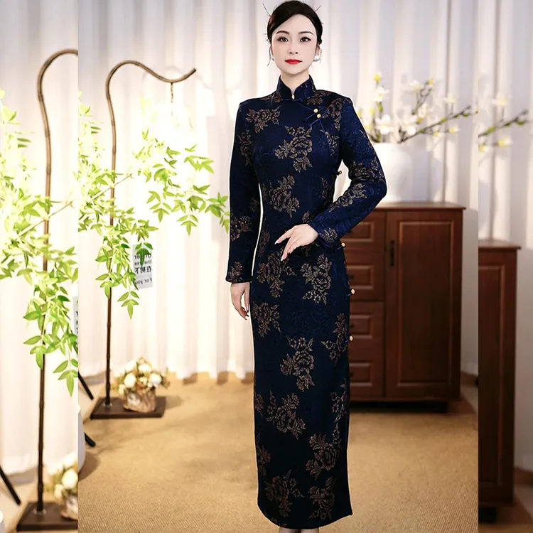 [Apple778]2025秋冬新款高端提花复古水貂绒中国风旗袍连衣裙保暖