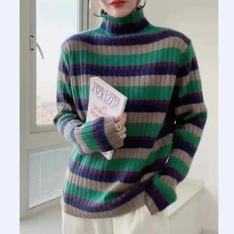正品撤柜剪标羊毛衫条纹高领羊毛衫秋冬新款加厚打底衫毛衣上衣