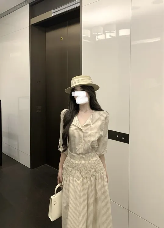 夏季法式复古条纹套装慵懒减龄松弛宽松休闲气质衬衫+裙子两件套