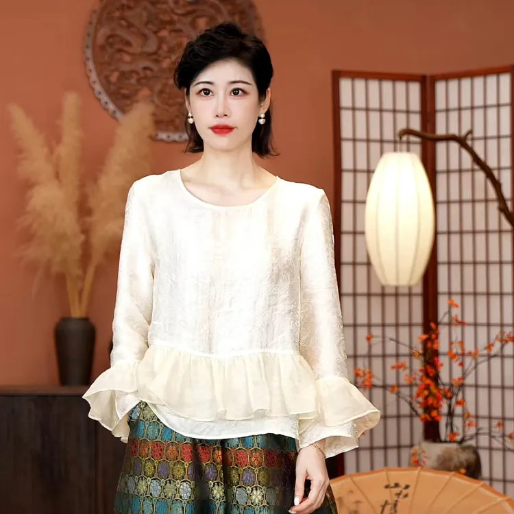 【静哚】春秋提花宽松型女性T恤新中式复古法式印花黑色优雅长袖