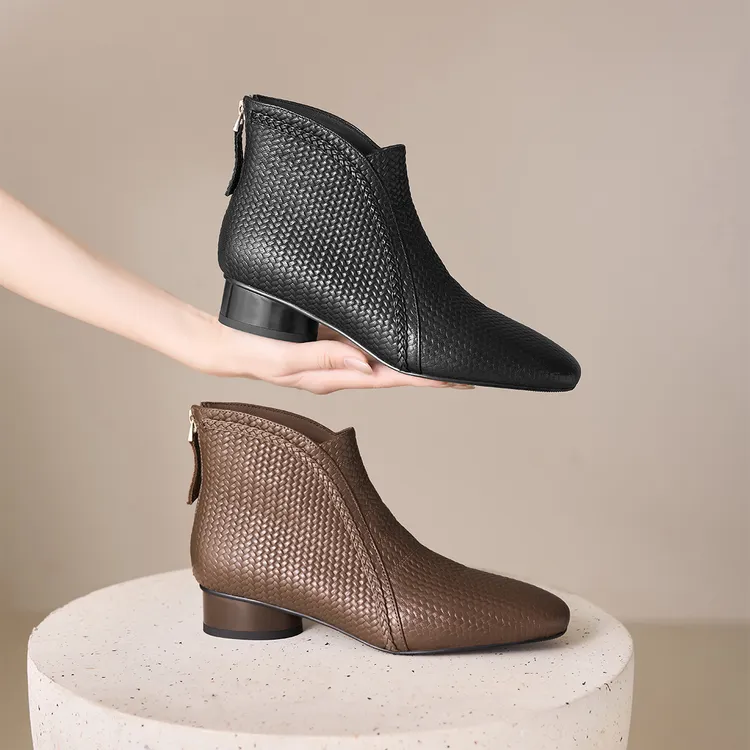 羊皮/3cm星期六后拉链气质中跟粗跟靴子短靴方头冬季时尚复古鞋子