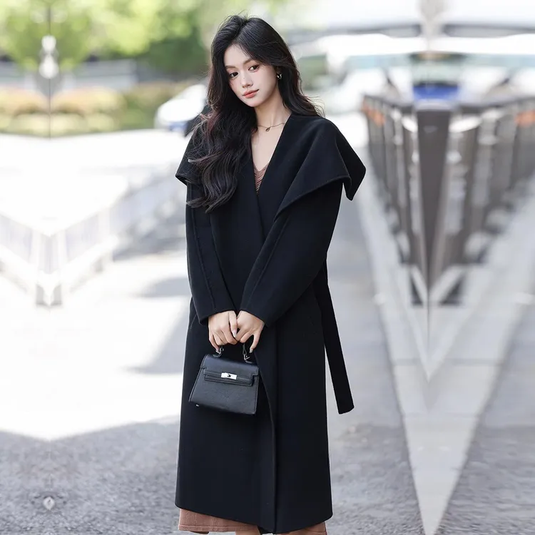 黑色翻领慵懒风秋冬季毛呢外套女中长款小个子海军领双面呢子大衣