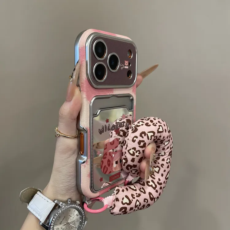 卡通豹纹猫咪哭娃镜面卡包适用iPhone17手机壳16pro可爱15pm女16