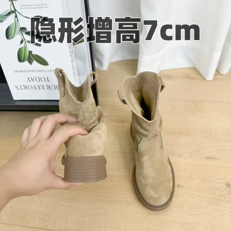 7cm增高绒面粗跟厚底靴子女秋季西部骑士靴短筒圆头褶皱堆堆短靴