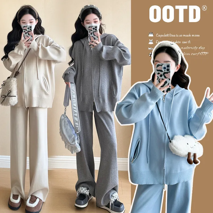 2025孕妈秋冬软糯亲肤连帽毛衣休闲款双拉链时尚孕妈毛衣宽松套装