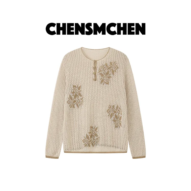 CHENSMCHEN 100亚麻镂空长袖针织衫女时尚休闲百搭衬衣CSZ6622YW