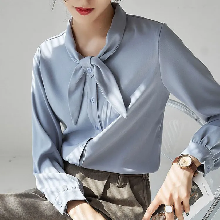 KALUOLAI/卡洛莱减龄蝴蝶结衬衫女春秋新款洋气法式通勤长袖衬衣