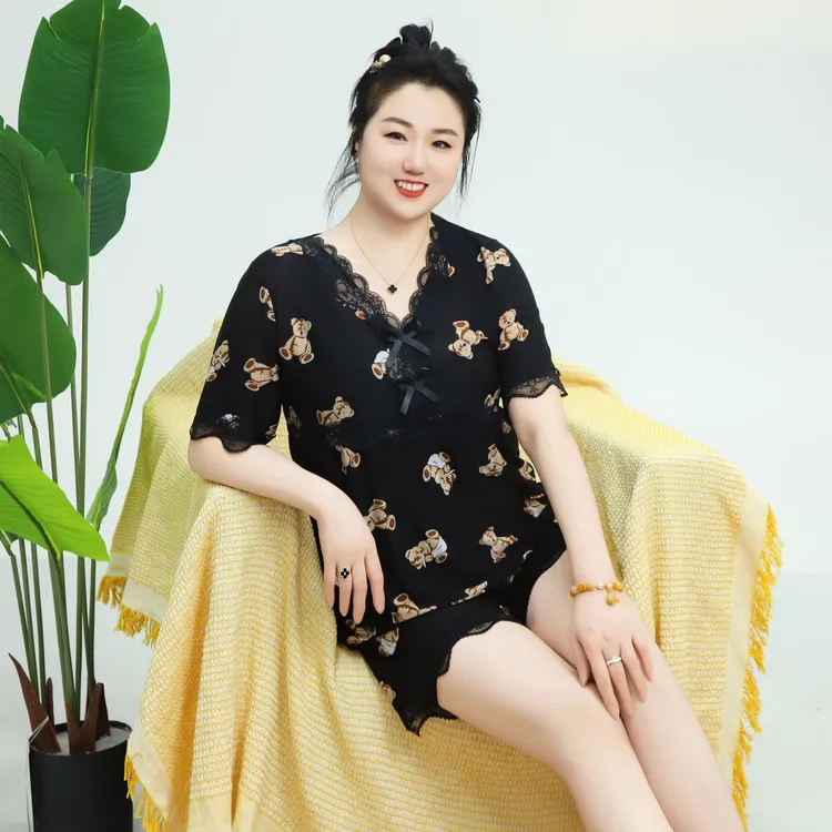 夏季高弹大码短袖短裤套装家居服睡衣女宽松遮肉显瘦冰凉可外穿