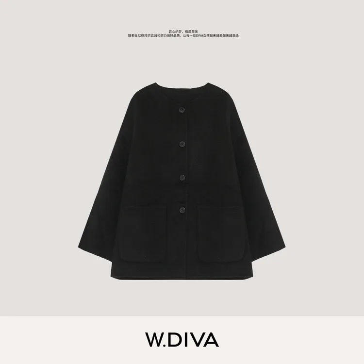 W.Diva【闲庭】山羊绒羊毛经典小廓形圆领落肩毛呢大衣54C252748